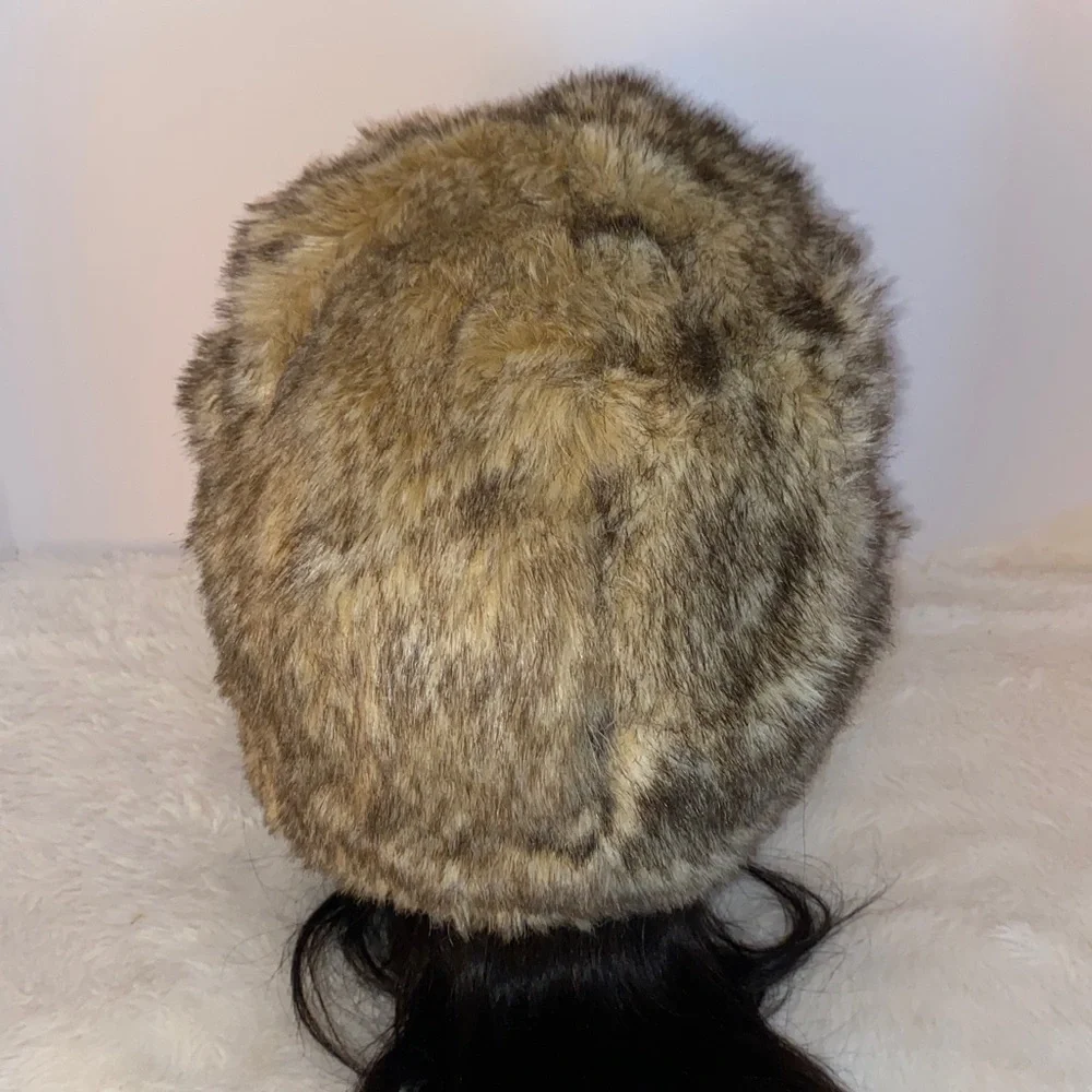 American Eagle Faux Fur Brown, Beige & Black Unisex Trapper Hat Pom Pom Tie-OS